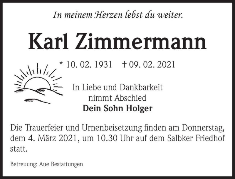  Traueranzeige für Karl Zimmermann  vom 20.02.2021 aus Magdeburger Volksstimme