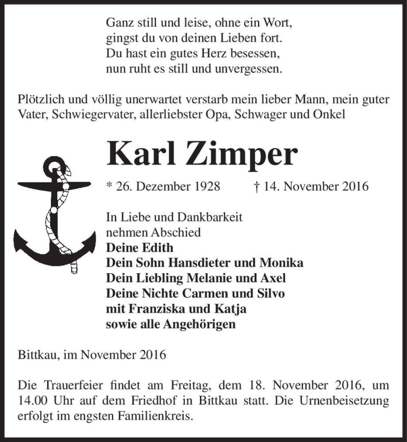  Traueranzeige für Karl Zimper  vom 16.11.2016 aus Magdeburger Volksstimme