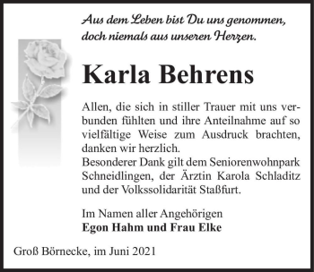 Traueranzeige von Karla Behrens  von Magdeburger Volksstimme