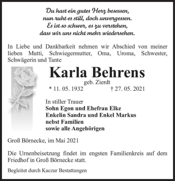 Traueranzeige von Karla Behrens (geb. Zierdt)  von Magdeburger Volksstimme