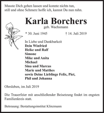 Traueranzeige von Karla Borchers (geb. Wachsmann)  von Magdeburger Volksstimme