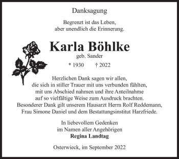 Traueranzeige von Karla Böhlke (geb. Sander)  von Magdeburger Volksstimme