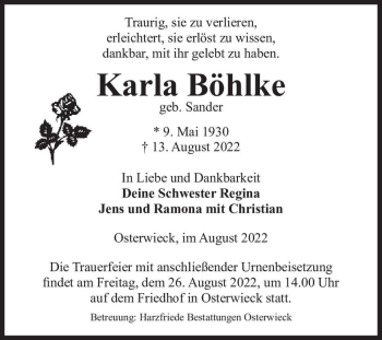 Traueranzeige von Karla Böhlke (geb. Sander)  von Magdeburger Volksstimme