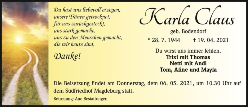  Traueranzeige für Karla Claus (geb. Bodendorf)  vom 24.04.2021 aus Magdeburger Volksstimme