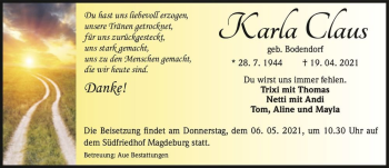 Traueranzeige von Karla Claus (geb. Bodendorf)  von Magdeburger Volksstimme