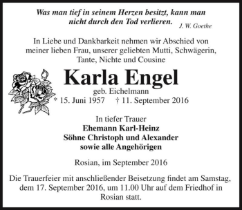 Traueranzeige von Karla Engel (geb. Eichelmann)  von Magdeburger Volksstimme