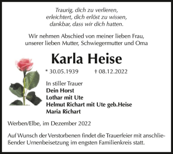 Traueranzeige von Karla Heise  von Magdeburger Volksstimme