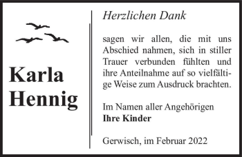 Traueranzeige von Karla Hennig  von Magdeburger Volksstimme