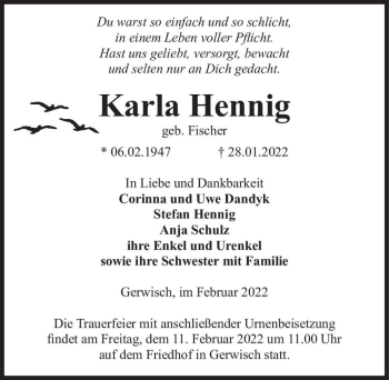 Traueranzeige von Karla Hennig (geb. Fischer)  von Magdeburger Volksstimme