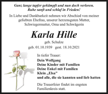 Traueranzeige von Karla Hille (geb. Schulze)  von Magdeburger Volksstimme