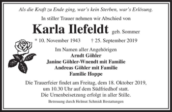 Traueranzeige von Karla Ilefeldt (geb. Sommer)  von Magdeburger Volksstimme