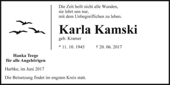 Traueranzeige von Karla Kamski (geb. Kramer)  von Magdeburger Volksstimme