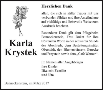 Traueranzeige von Karla Krystek  von Magdeburger Volksstimme