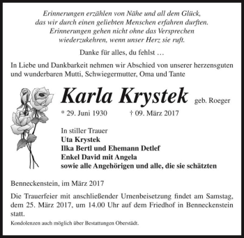 Traueranzeige von Karla Krystek (geb. Roeger)  von Magdeburger Volksstimme