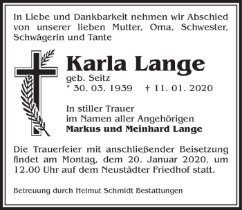 Traueranzeige von Karla Lange (geb. Seitz)  von Magdeburger Volksstimme