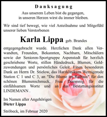 Traueranzeige von Karla Lippa (geb. Brandes)  von Magdeburger Volksstimme