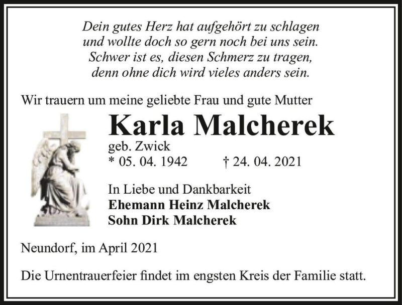  Traueranzeige für Karla Malcherek (geb. Zwick)  vom 30.04.2021 aus Magdeburger Volksstimme