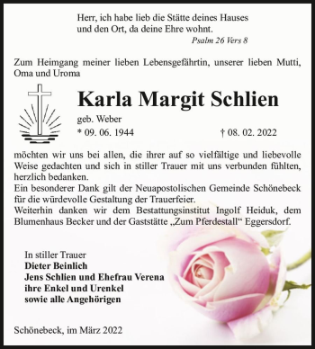 Traueranzeige von Karla Margit Schlien (geb. Weber)  von Magdeburger Volksstimme