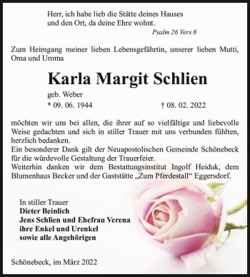 Traueranzeige von Karla Margit Schlien (geb. Weber)  von Magdeburger Volksstimme