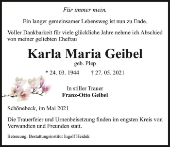 Traueranzeige von Karla Maria Geibel (geb. Plep)  von Magdeburger Volksstimme