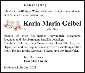 Traueranzeige von Karla Maria Geibel (geb. Plep)  von Magdeburger Volksstimme