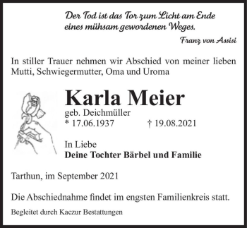 Traueranzeige von Karla Meier (geb. Deichmüller)  von Magdeburger Volksstimme