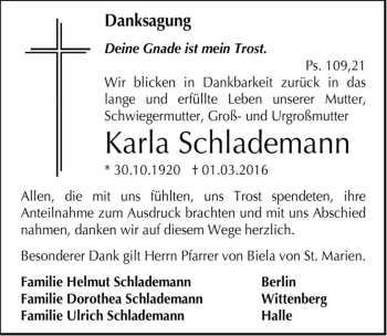 Traueranzeige von Karla Schlademann  von Magdeburger Volksstimme