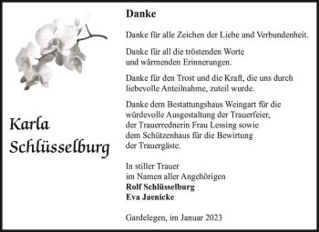 Traueranzeige von Karla Schlüsselburg  von Magdeburger Volksstimme