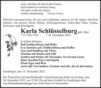 Traueranzeige von Karla Schlüsselburg (geb. Eger)  von Magdeburger Volksstimme