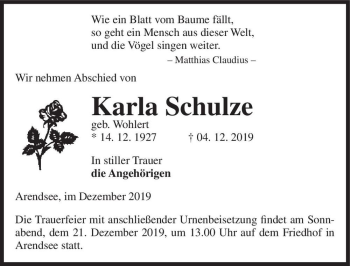 Traueranzeige von Karla Schulze (geb. Wohlert)  von Magdeburger Volksstimme