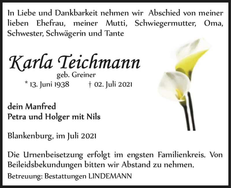  Traueranzeige für Karla Teichmann (geb. Greiner)  vom 10.07.2021 aus Magdeburger Volksstimme
