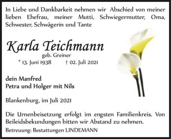 Traueranzeige von Karla Teichmann (geb. Greiner)  von Magdeburger Volksstimme