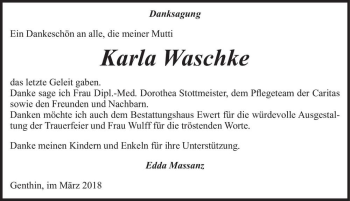 Traueranzeige von Karla Waschke  von Magdeburger Volksstimme