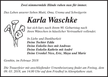 Traueranzeige von Karla Waschke  von Magdeburger Volksstimme