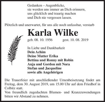 Traueranzeige von Karla Wilke  von Magdeburger Volksstimme