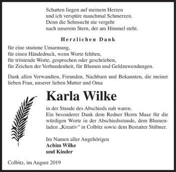 Traueranzeige von Karla Wilke  von Magdeburger Volksstimme