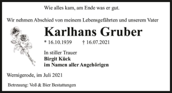 Traueranzeige von Karlhans Gruber  von Magdeburger Volksstimme
