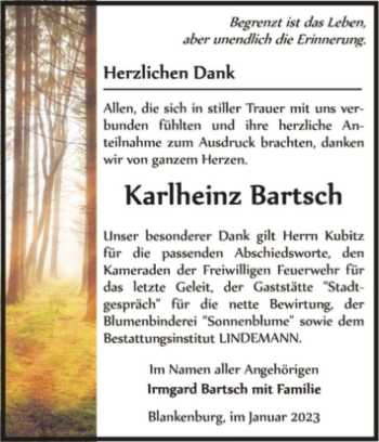 Traueranzeige von Karlheinz Bartsch  von Magdeburger Volksstimme