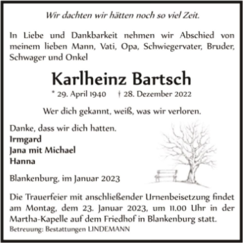 Traueranzeige von Karlheinz Bartsch  von Magdeburger Volksstimme