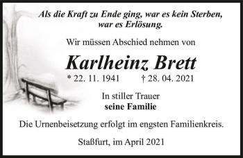 Traueranzeige von Karlheinz Brett  von Magdeburger Volksstimme