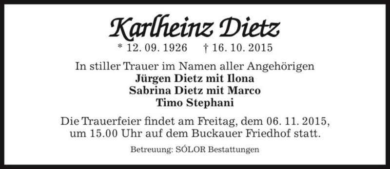  Traueranzeige für Karlheinz Dietz  vom 24.10.2015 aus Magdeburger Volksstimme