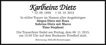Traueranzeige von Karlheinz Dietz  von Magdeburger Volksstimme