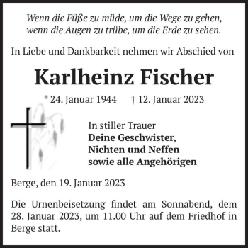 Traueranzeige von Karlheinz Fischer  von Magdeburger Volksstimme