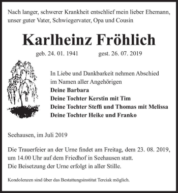 Traueranzeige von Karlheinz Fröhlich  von Magdeburger Volksstimme