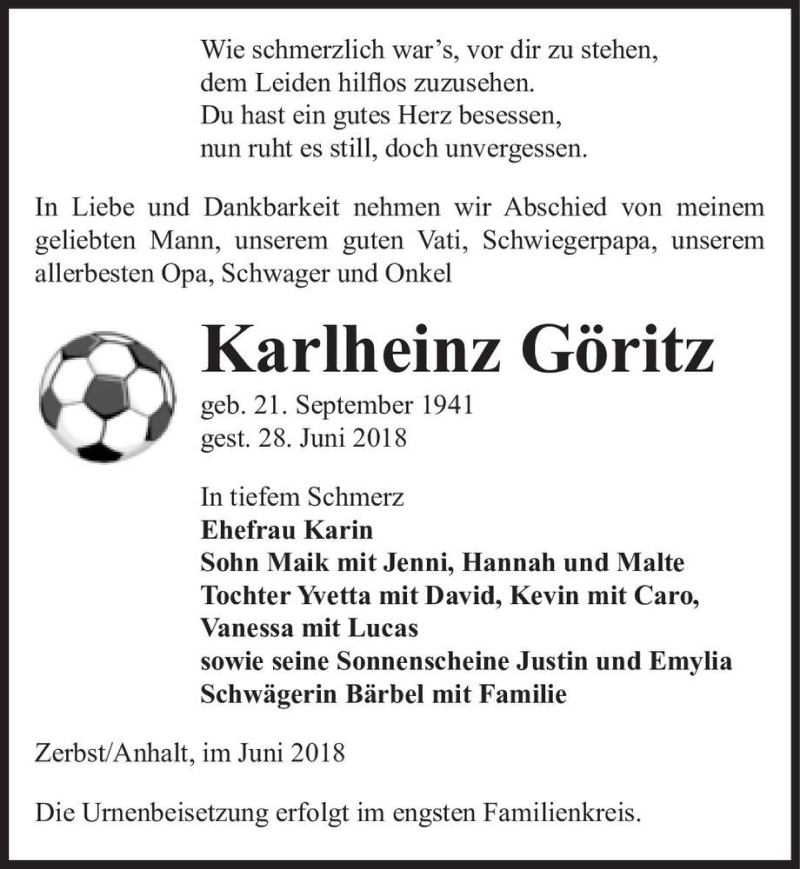 Traueranzeige für Karlheinz Göritz  vom 07.07.2018 aus Magdeburger Volksstimme