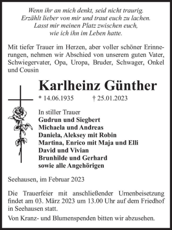 Traueranzeige von Karlheinz Günther  von Magdeburger Volksstimme