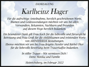 Traueranzeige von Karlheinz Hager  von Magdeburger Volksstimme