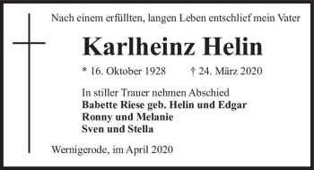 Traueranzeige von Karlheinz Helin  von Magdeburger Volksstimme