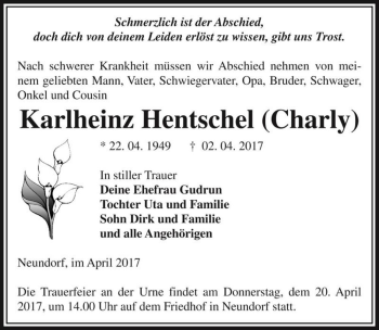 Traueranzeige von Karlheinz Hentschel (Charly)  von Magdeburger Volksstimme