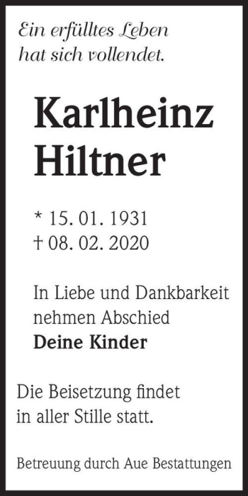 Traueranzeige von Karlheinz Hiltner  von Magdeburger Volksstimme